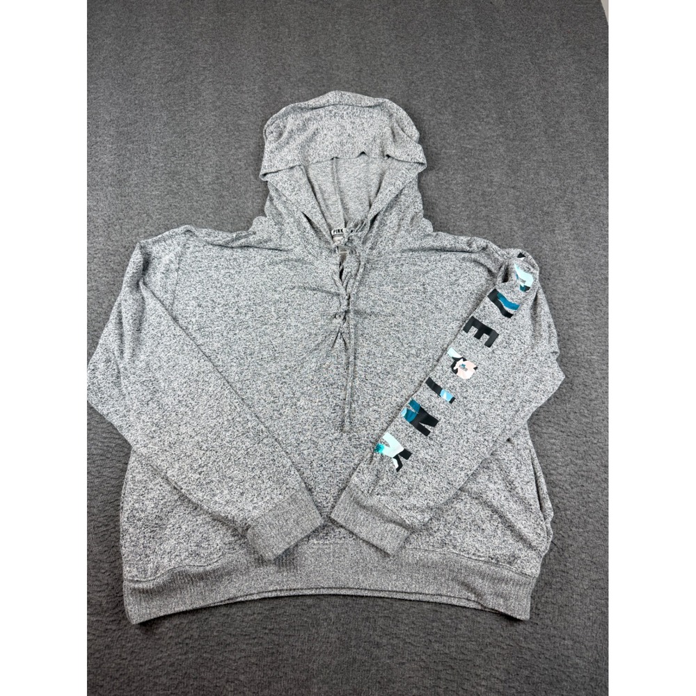 Pink Victoria's Secret Hoodie Women's Large Gray Lace Up Sleeve Graphic Pullover